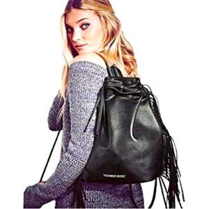 Victorias Secret Black Fringe Faux Leather Backpack Shoulder Bag Boho Biker‎
